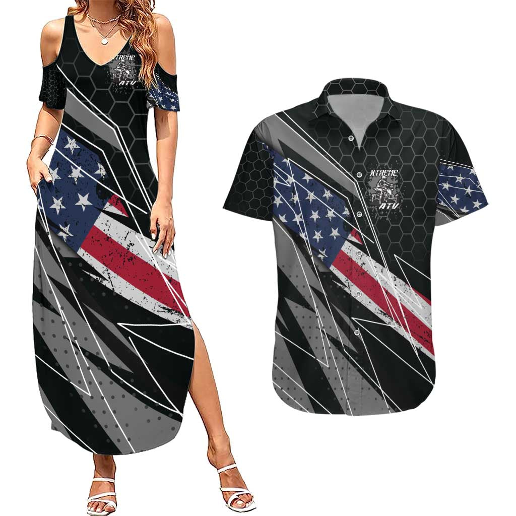 Custom Bike Shirt Racing Motocross Couples Matching Summer Maxi Dress and Hawaiian Shirt American Flag and Black Hexagon Lightning Graphic Design - Wonder Print Shop