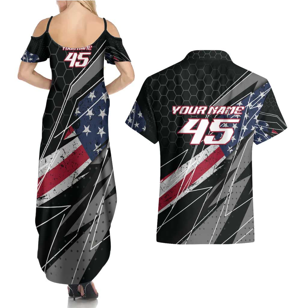 Custom Bike Shirt Racing Motocross Couples Matching Summer Maxi Dress and Hawaiian Shirt American Flag and Black Hexagon Lightning Graphic Design - Wonder Print Shop