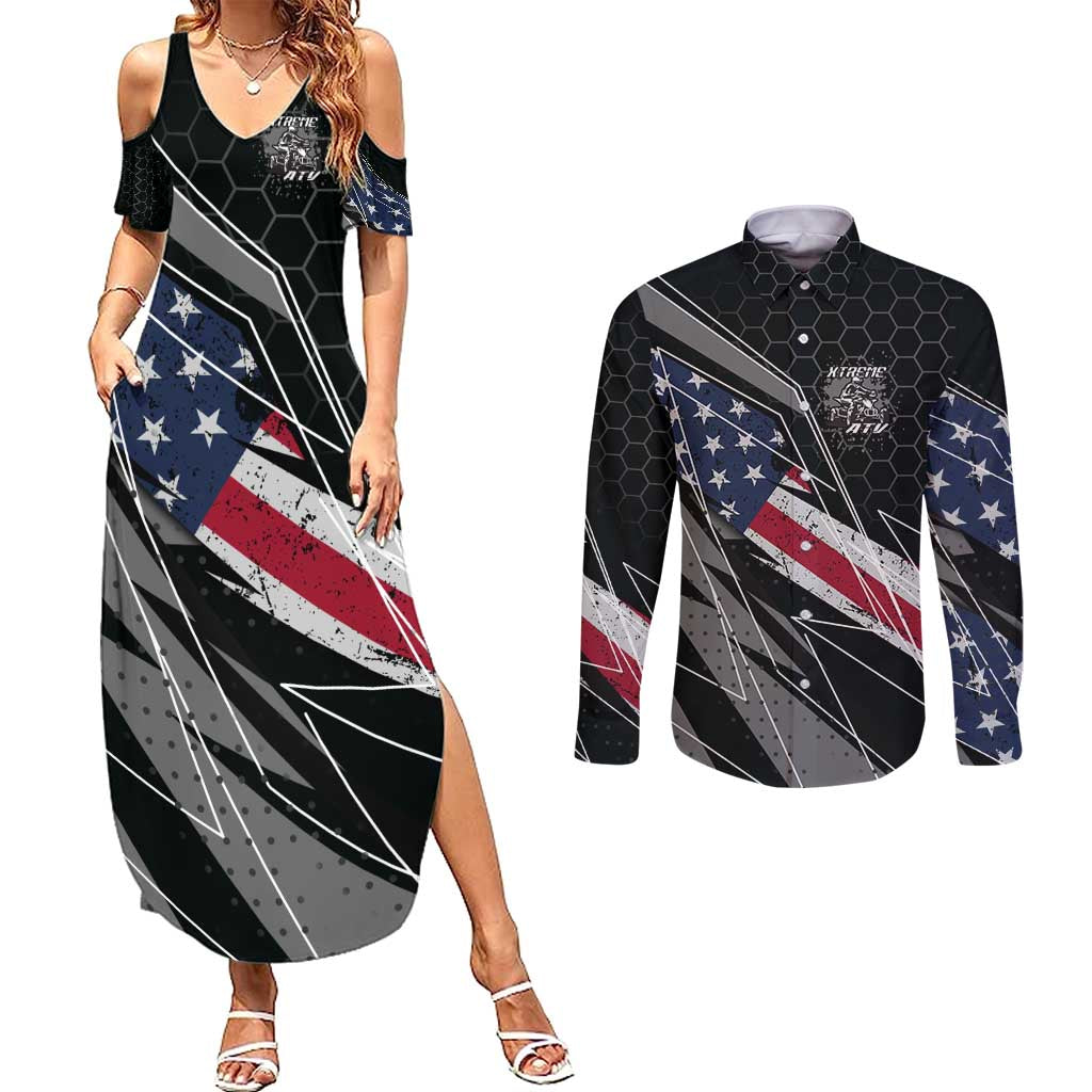 Custom Bike Shirt Racing Motocross Couples Matching Summer Maxi Dress and Long Sleeve Button Shirt American Flag and Black Hexagon Lightning Graphic Design - Wonder Print Shop