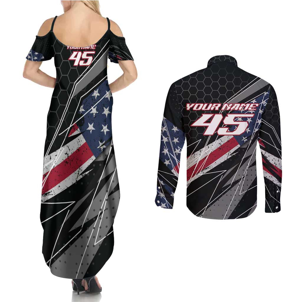 Custom Bike Shirt Racing Motocross Couples Matching Summer Maxi Dress and Long Sleeve Button Shirt American Flag and Black Hexagon Lightning Graphic Design - Wonder Print Shop
