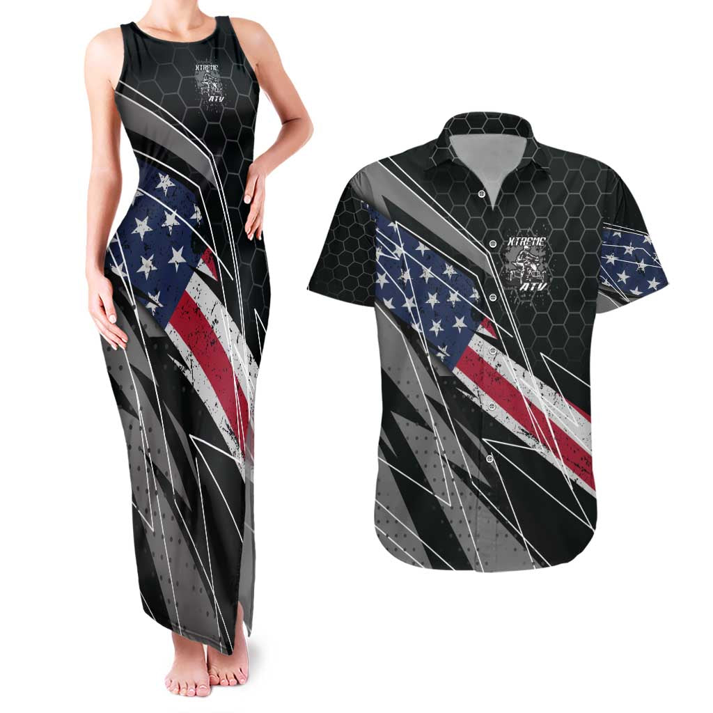 Custom Bike Shirt Racing Motocross Couples Matching Tank Maxi Dress and Hawaiian Shirt American Flag and Black Hexagon Lightning Graphic Design - Wonder Print Shop