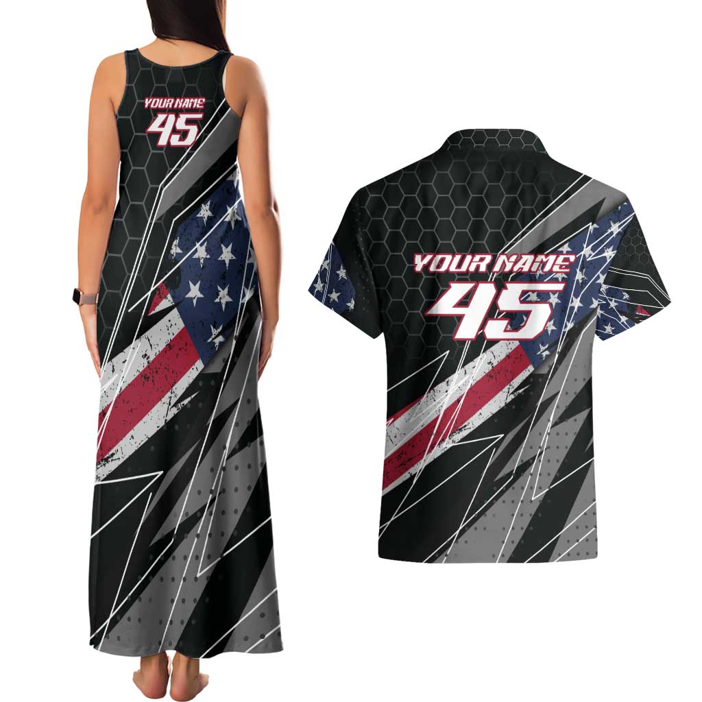 Custom Bike Shirt Racing Motocross Couples Matching Tank Maxi Dress and Hawaiian Shirt American Flag and Black Hexagon Lightning Graphic Design - Wonder Print Shop