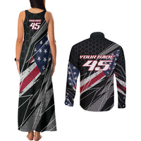 Custom Bike Shirt Racing Motocross Couples Matching Tank Maxi Dress and Long Sleeve Button Shirt American Flag and Black Hexagon Lightning Graphic Design - Wonder Print Shop