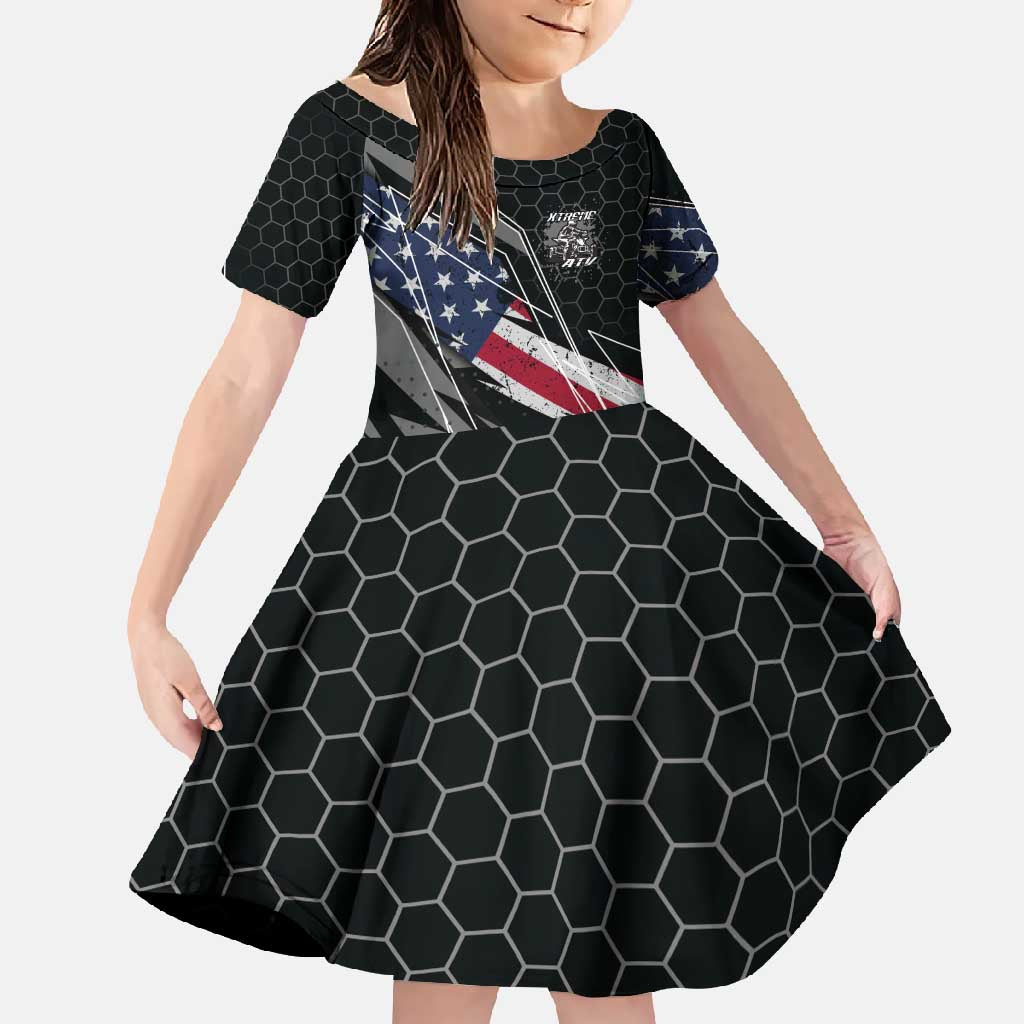 Custom Bike Shirt Racing Motocross Family Matching Long Sleeve Bodycon Dress and Hawaiian Shirt American Flag and Black Hexagon Lightning Graphic Design - Wonder Print Shop