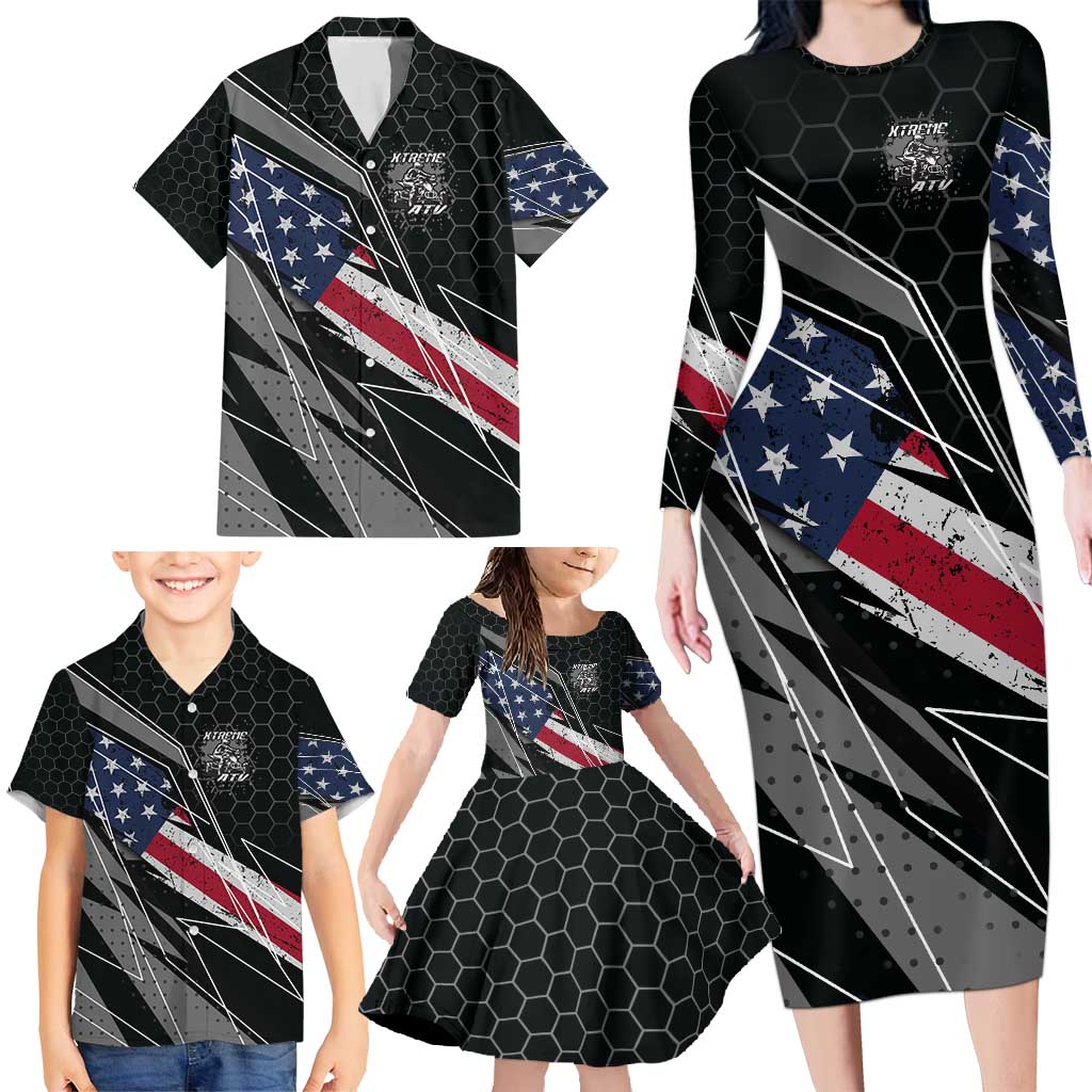 Custom Bike Shirt Racing Motocross Family Matching Long Sleeve Bodycon Dress and Hawaiian Shirt American Flag and Black Hexagon Lightning Graphic Design - Wonder Print Shop