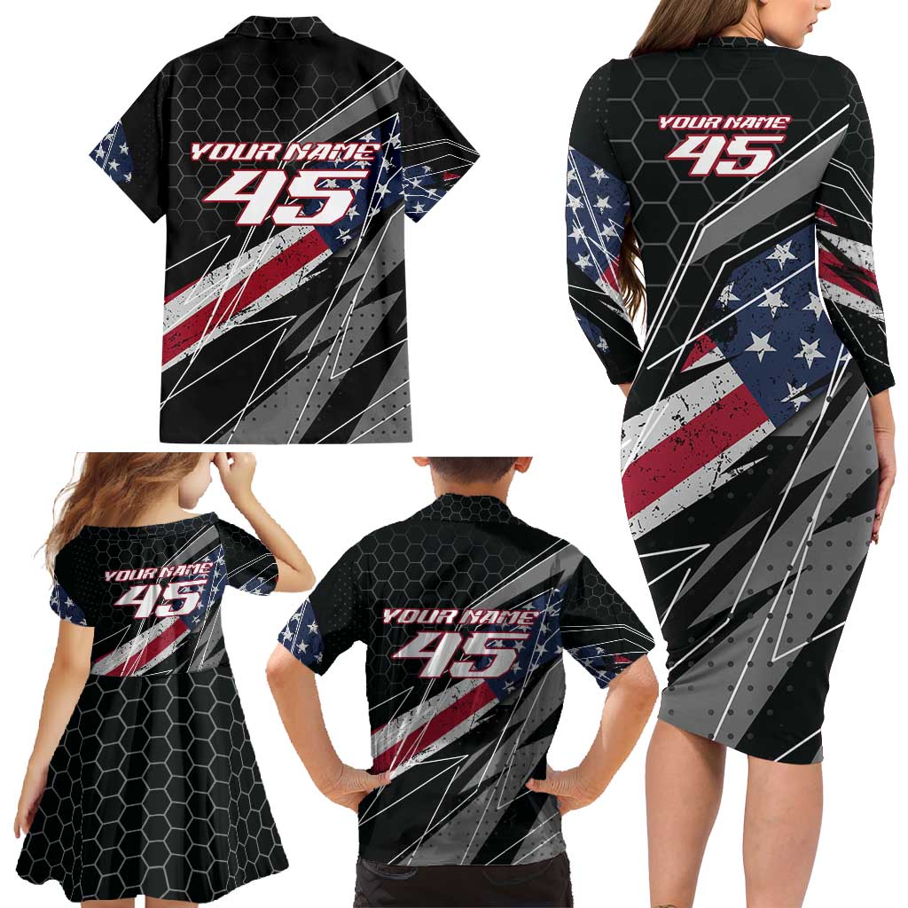 Custom Bike Shirt Racing Motocross Family Matching Long Sleeve Bodycon Dress and Hawaiian Shirt American Flag and Black Hexagon Lightning Graphic Design - Wonder Print Shop