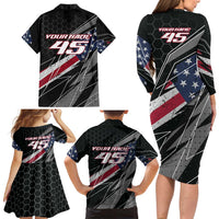 Custom Bike Shirt Racing Motocross Family Matching Long Sleeve Bodycon Dress and Hawaiian Shirt American Flag and Black Hexagon Lightning Graphic Design - Wonder Print Shop