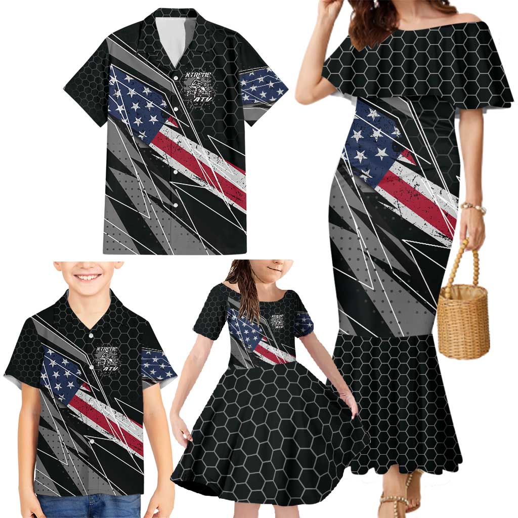 Custom Bike Shirt Racing Motocross Family Matching Mermaid Dress and Hawaiian Shirt American Flag and Black Hexagon Lightning Graphic Design - Wonder Print Shop