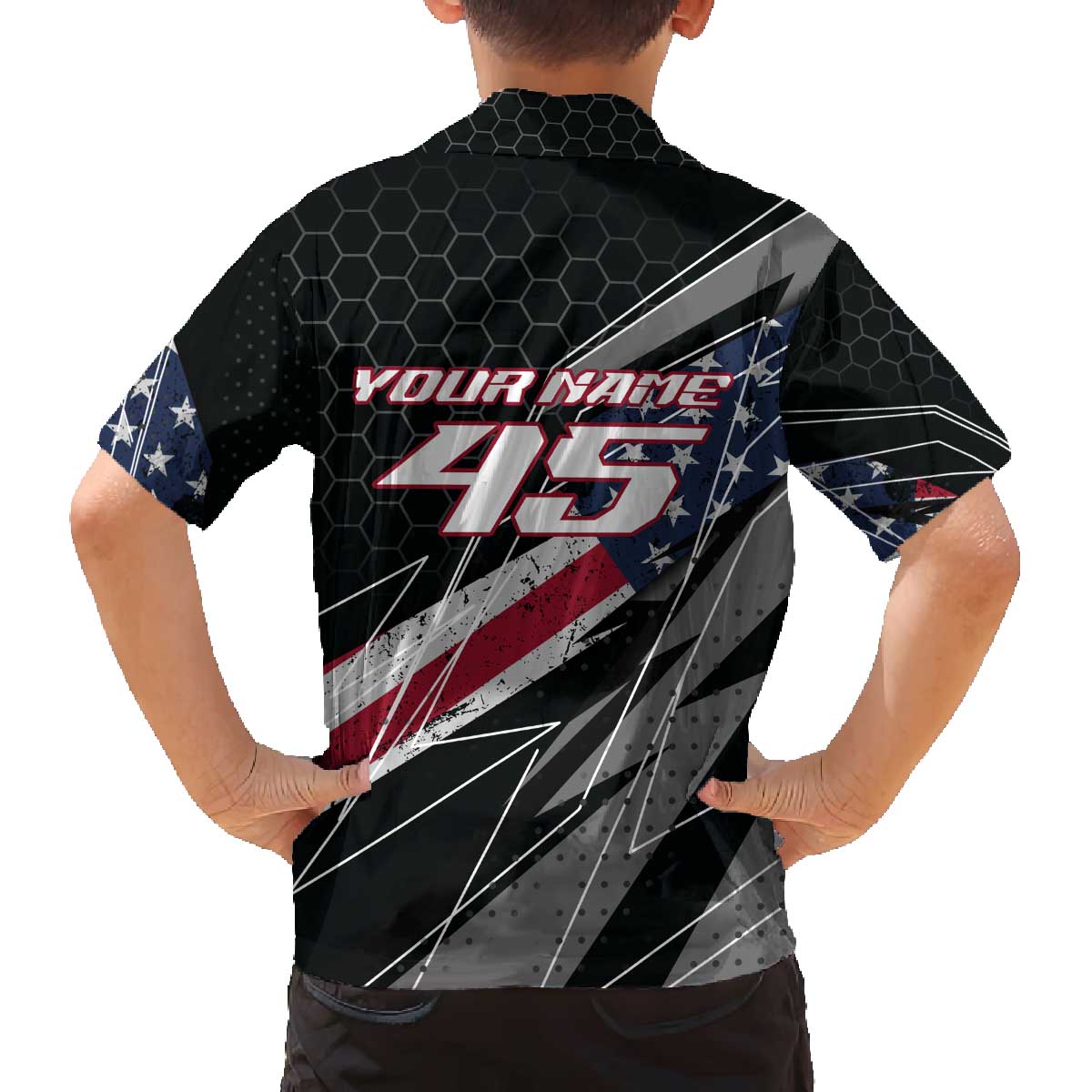 Custom Bike Shirt Racing Motocross Family Matching Off The Shoulder Long Sleeve Dress and Hawaiian Shirt American Flag and Black Hexagon Lightning Graphic Design - Wonder Print Shop