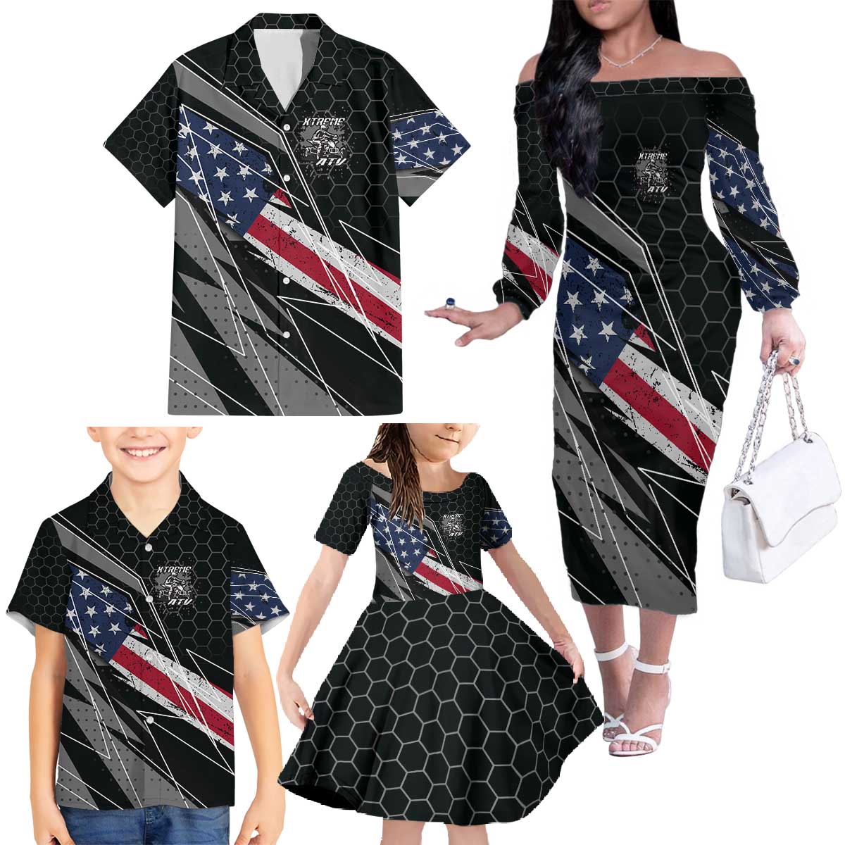 Custom Bike Shirt Racing Motocross Family Matching Off The Shoulder Long Sleeve Dress and Hawaiian Shirt American Flag and Black Hexagon Lightning Graphic Design - Wonder Print Shop