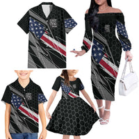 Custom Bike Shirt Racing Motocross Family Matching Off The Shoulder Long Sleeve Dress and Hawaiian Shirt American Flag and Black Hexagon Lightning Graphic Design - Wonder Print Shop