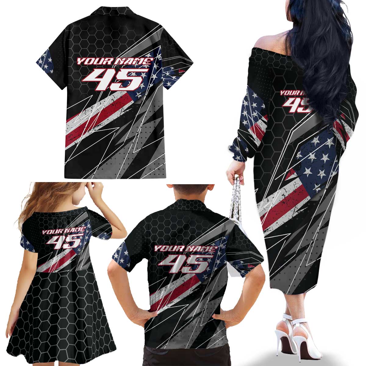 Custom Bike Shirt Racing Motocross Family Matching Off The Shoulder Long Sleeve Dress and Hawaiian Shirt American Flag and Black Hexagon Lightning Graphic Design - Wonder Print Shop