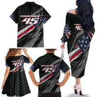 Custom Bike Shirt Racing Motocross Family Matching Off The Shoulder Long Sleeve Dress and Hawaiian Shirt American Flag and Black Hexagon Lightning Graphic Design - Wonder Print Shop