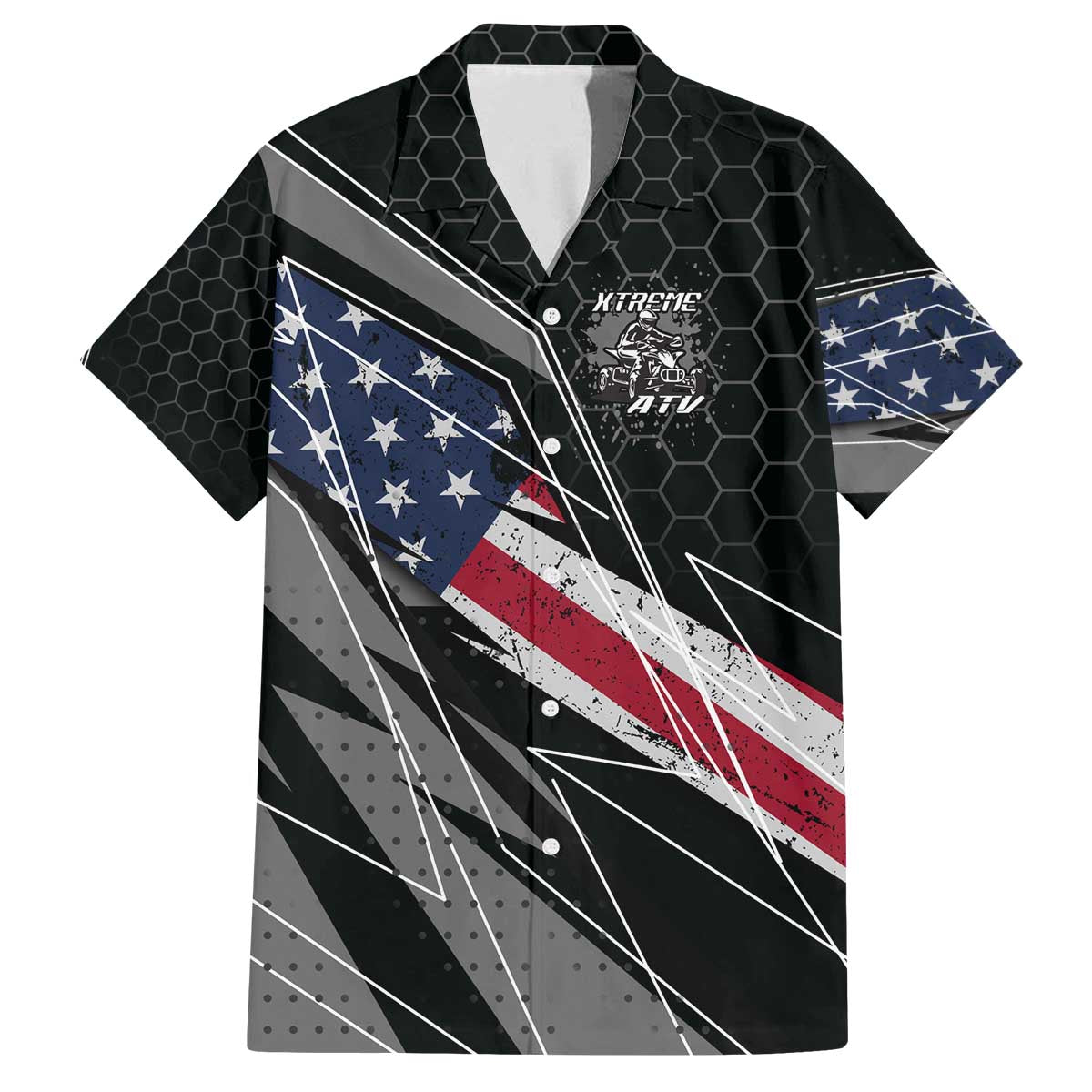 Custom Bike Shirt Racing Motocross Family Matching Off The Shoulder Long Sleeve Dress and Hawaiian Shirt American Flag and Black Hexagon Lightning Graphic Design - Wonder Print Shop