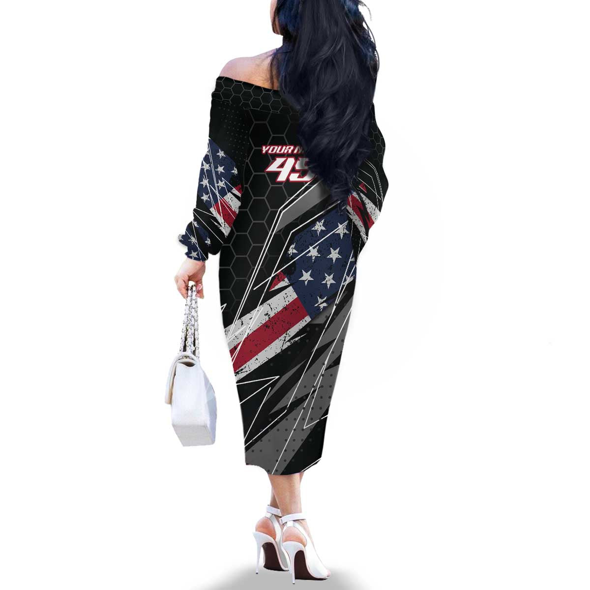 Custom Bike Shirt Racing Motocross Family Matching Off The Shoulder Long Sleeve Dress and Hawaiian Shirt American Flag and Black Hexagon Lightning Graphic Design - Wonder Print Shop