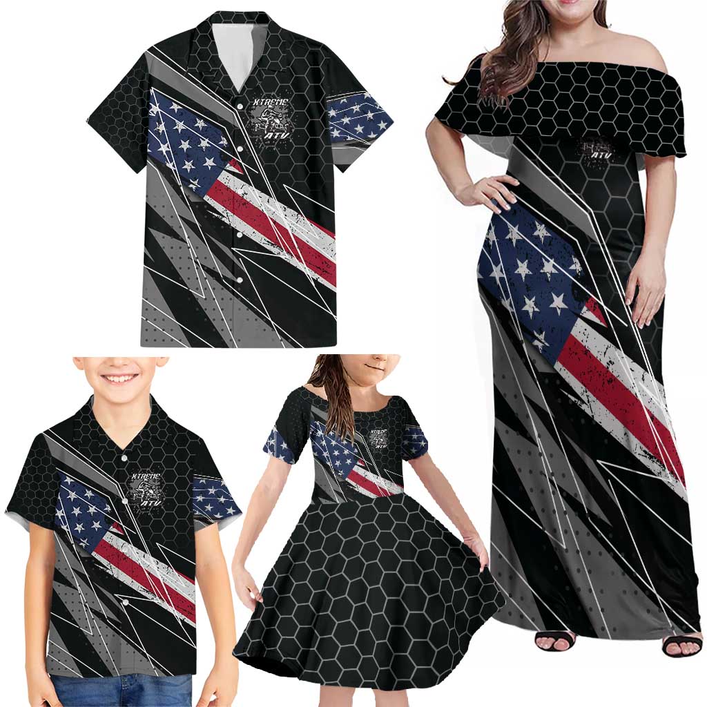 Custom Bike Shirt Racing Motocross Family Matching Off Shoulder Maxi Dress and Hawaiian Shirt American Flag and Black Hexagon Lightning Graphic Design - Wonder Print Shop