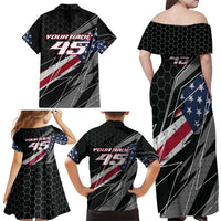 Custom Bike Shirt Racing Motocross Family Matching Off Shoulder Maxi Dress and Hawaiian Shirt American Flag and Black Hexagon Lightning Graphic Design - Wonder Print Shop