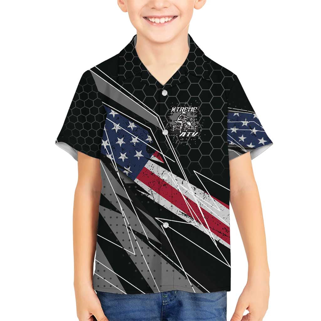 Custom Bike Shirt Racing Motocross Family Matching Off Shoulder Maxi Dress and Hawaiian Shirt American Flag and Black Hexagon Lightning Graphic Design - Wonder Print Shop