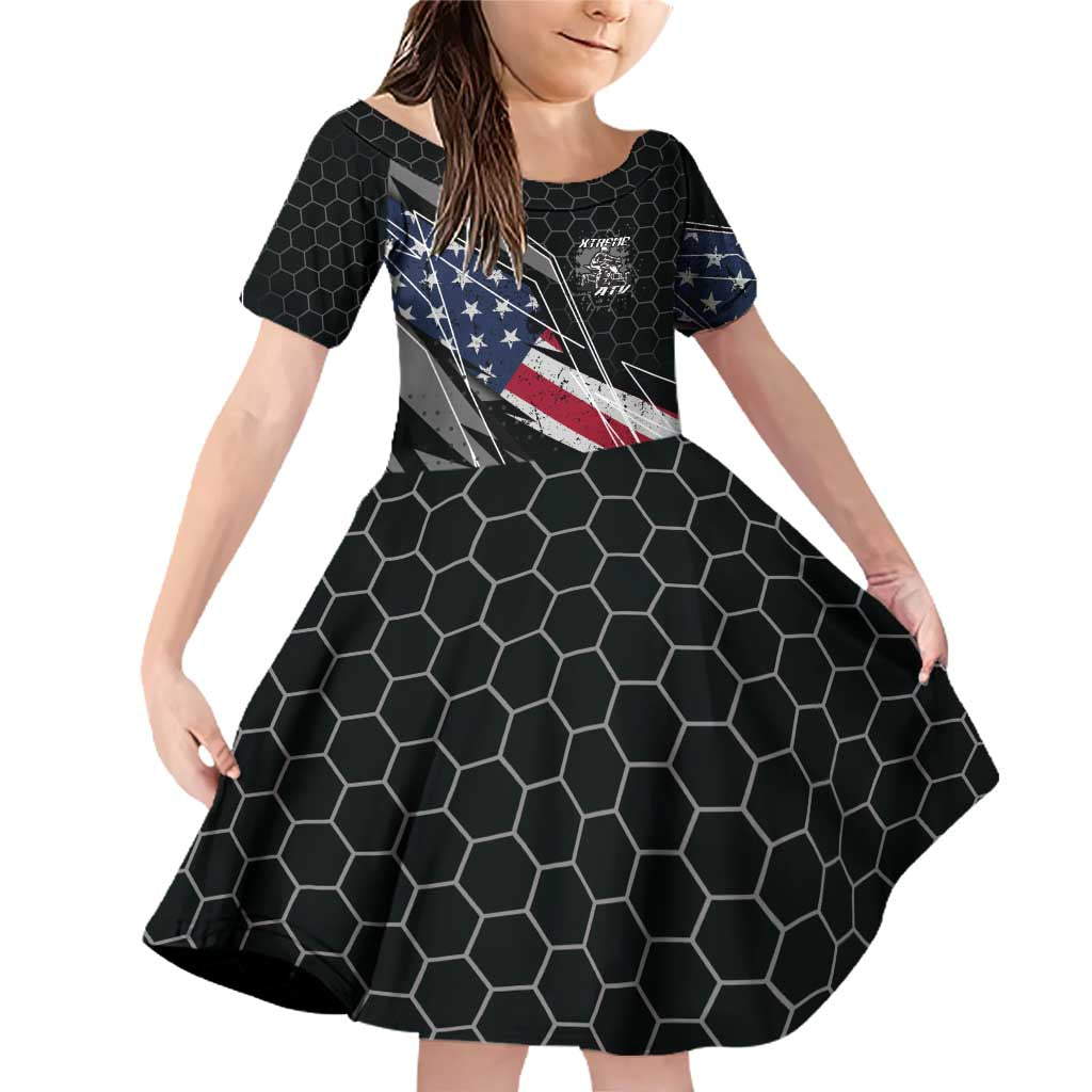 Custom Bike Shirt Racing Motocross Family Matching Off Shoulder Short Dress and Hawaiian Shirt American Flag and Black Hexagon Lightning Graphic Design - Wonder Print Shop