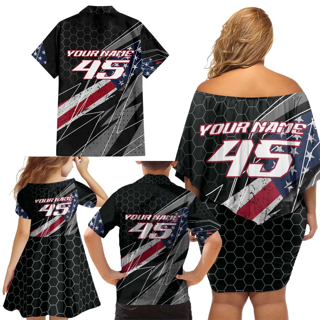 Custom Bike Shirt Racing Motocross Family Matching Off Shoulder Short Dress and Hawaiian Shirt American Flag and Black Hexagon Lightning Graphic Design - Wonder Print Shop