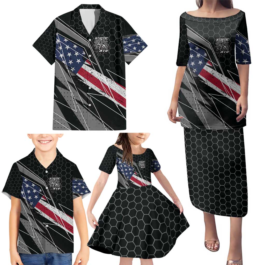 Custom Bike Shirt Racing Motocross Family Matching Puletasi and Hawaiian Shirt American Flag and Black Hexagon Lightning Graphic Design - Wonder Print Shop