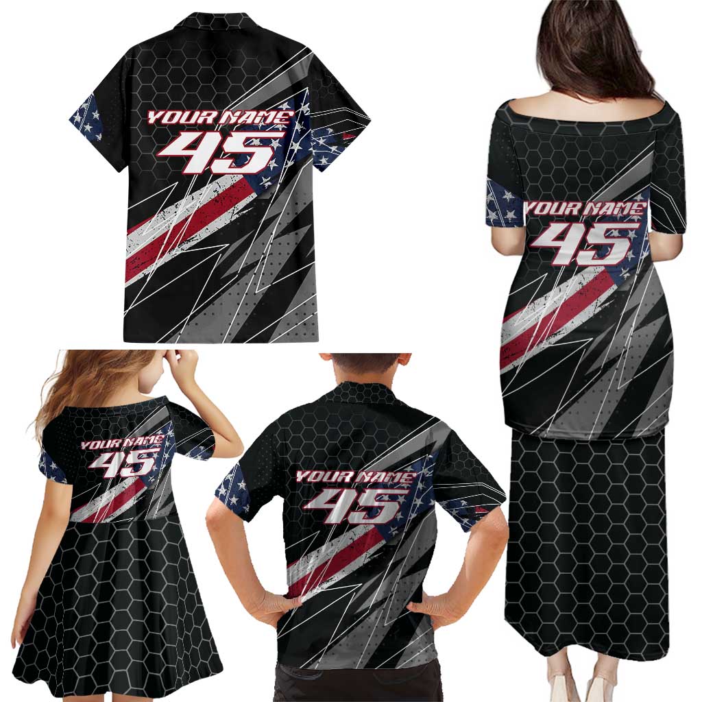 Custom Bike Shirt Racing Motocross Family Matching Puletasi and Hawaiian Shirt American Flag and Black Hexagon Lightning Graphic Design - Wonder Print Shop