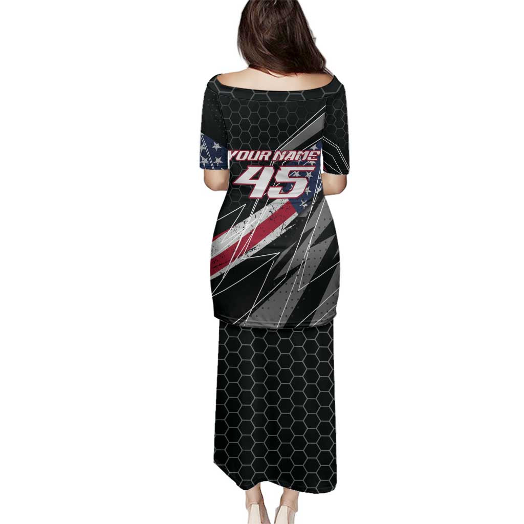 Custom Bike Shirt Racing Motocross Family Matching Puletasi and Hawaiian Shirt American Flag and Black Hexagon Lightning Graphic Design - Wonder Print Shop