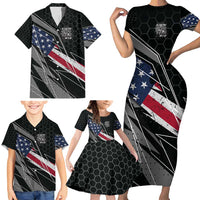 Custom Bike Shirt Racing Motocross Family Matching Short Sleeve Bodycon Dress and Hawaiian Shirt American Flag and Black Hexagon Lightning Graphic Design - Wonder Print Shop