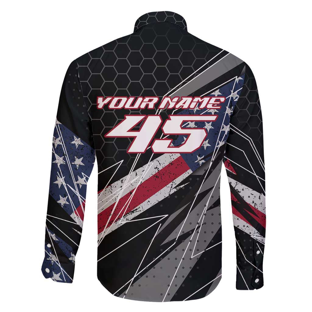 Custom Bike Shirt Racing Motocross Family Matching Short Sleeve Bodycon Dress and Hawaiian Shirt American Flag and Black Hexagon Lightning Graphic Design - Wonder Print Shop