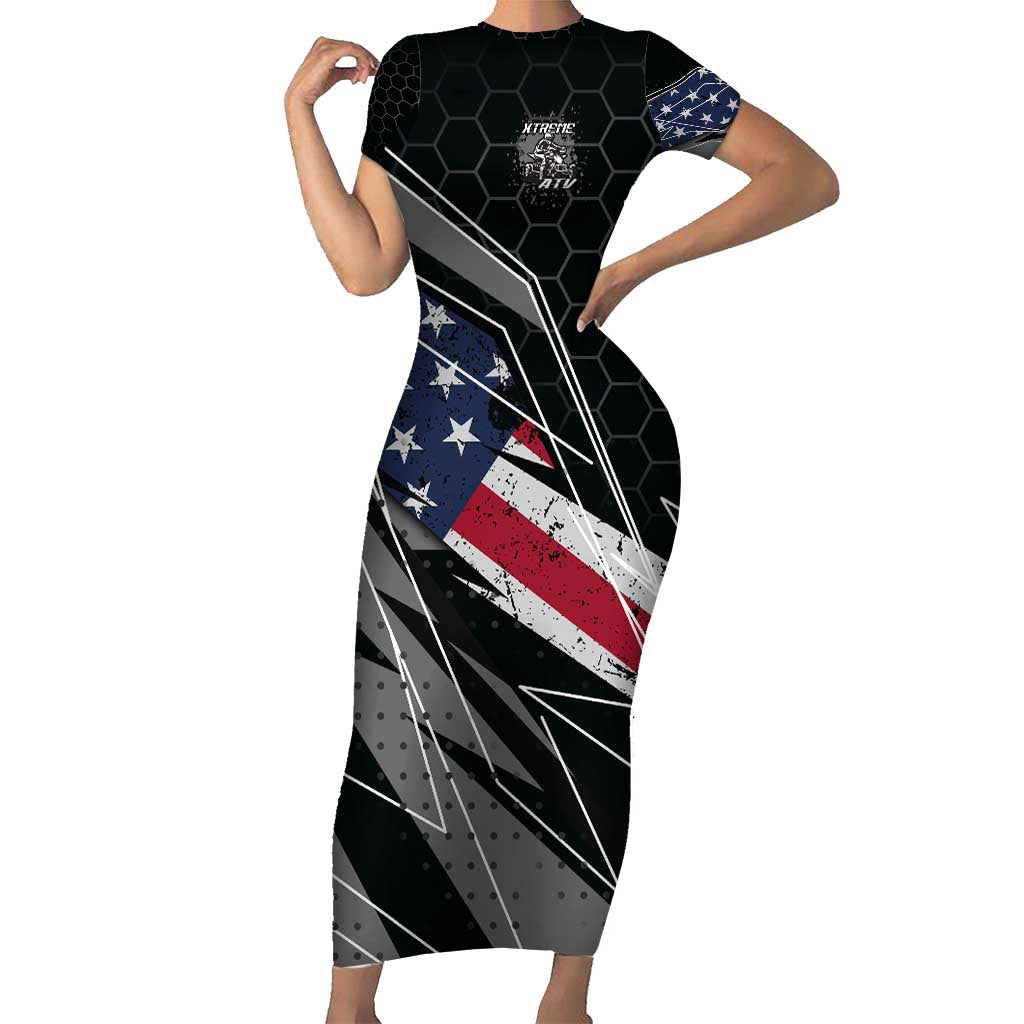 Custom Bike Shirt Racing Motocross Family Matching Short Sleeve Bodycon Dress and Hawaiian Shirt American Flag and Black Hexagon Lightning Graphic Design - Wonder Print Shop