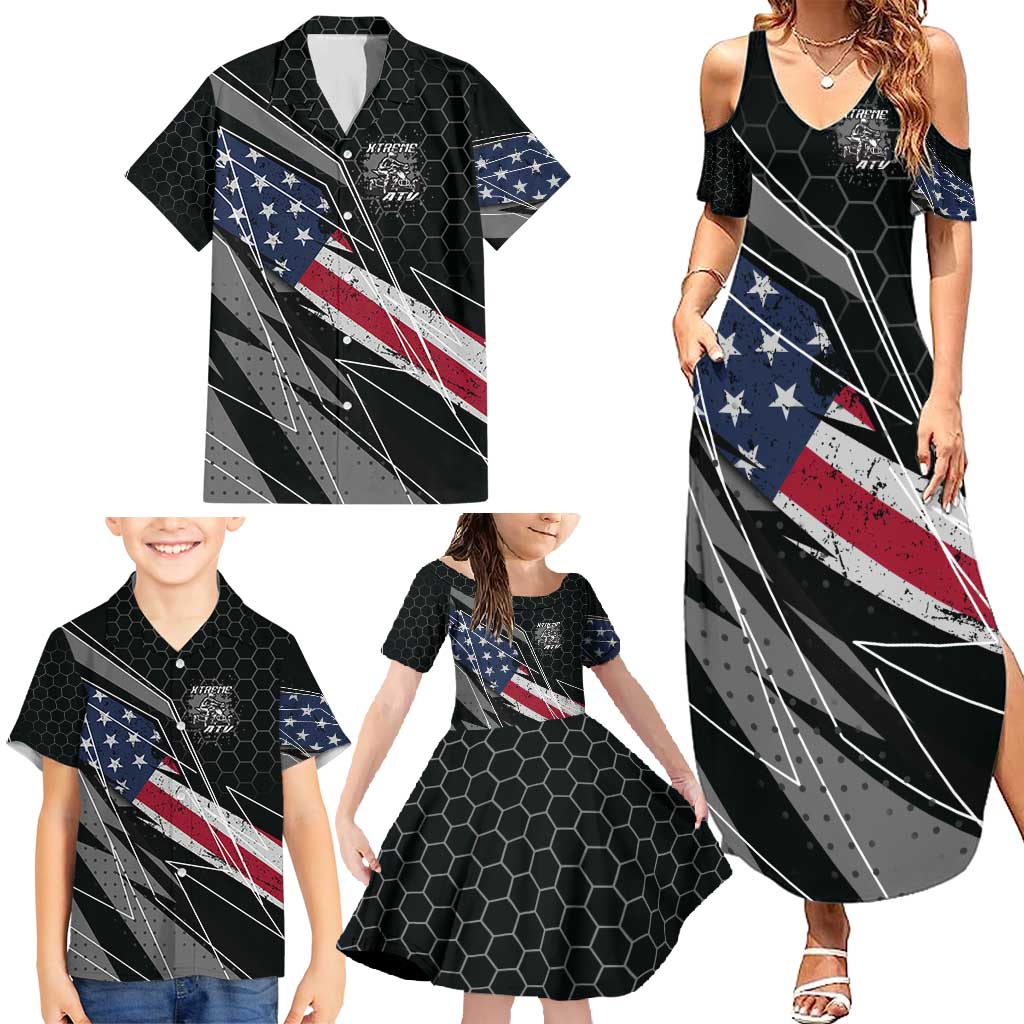Custom Bike Shirt Racing Motocross Family Matching Summer Maxi Dress and Hawaiian Shirt American Flag and Black Hexagon Lightning Graphic Design - Wonder Print Shop