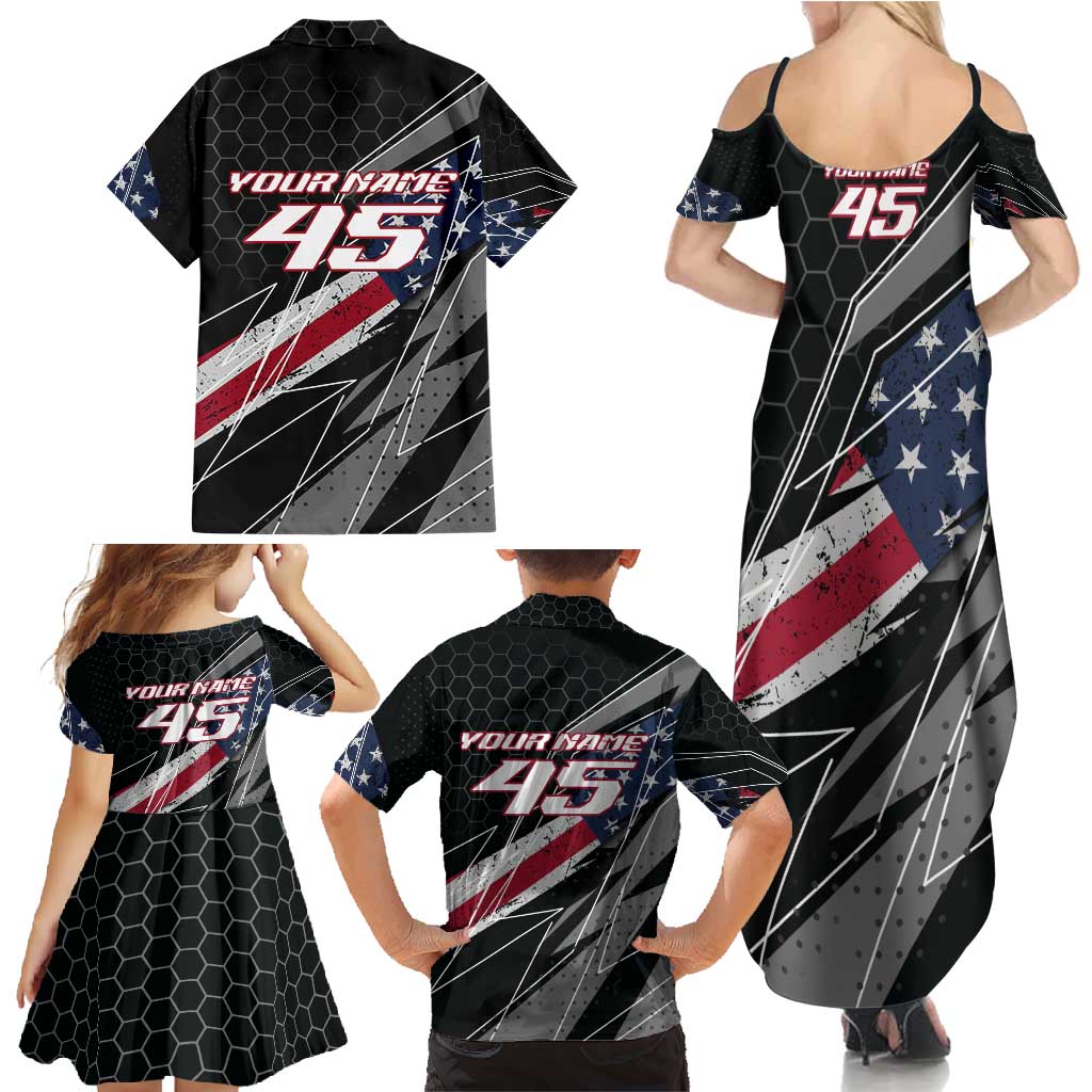 Custom Bike Shirt Racing Motocross Family Matching Summer Maxi Dress and Hawaiian Shirt American Flag and Black Hexagon Lightning Graphic Design - Wonder Print Shop