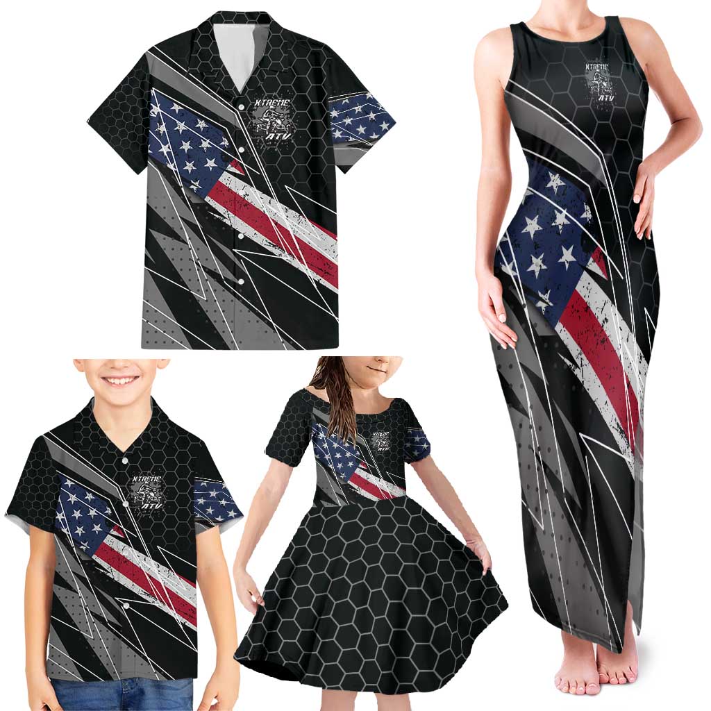 Custom Bike Shirt Racing Motocross Family Matching Tank Maxi Dress and Hawaiian Shirt American Flag and Black Hexagon Lightning Graphic Design - Wonder Print Shop