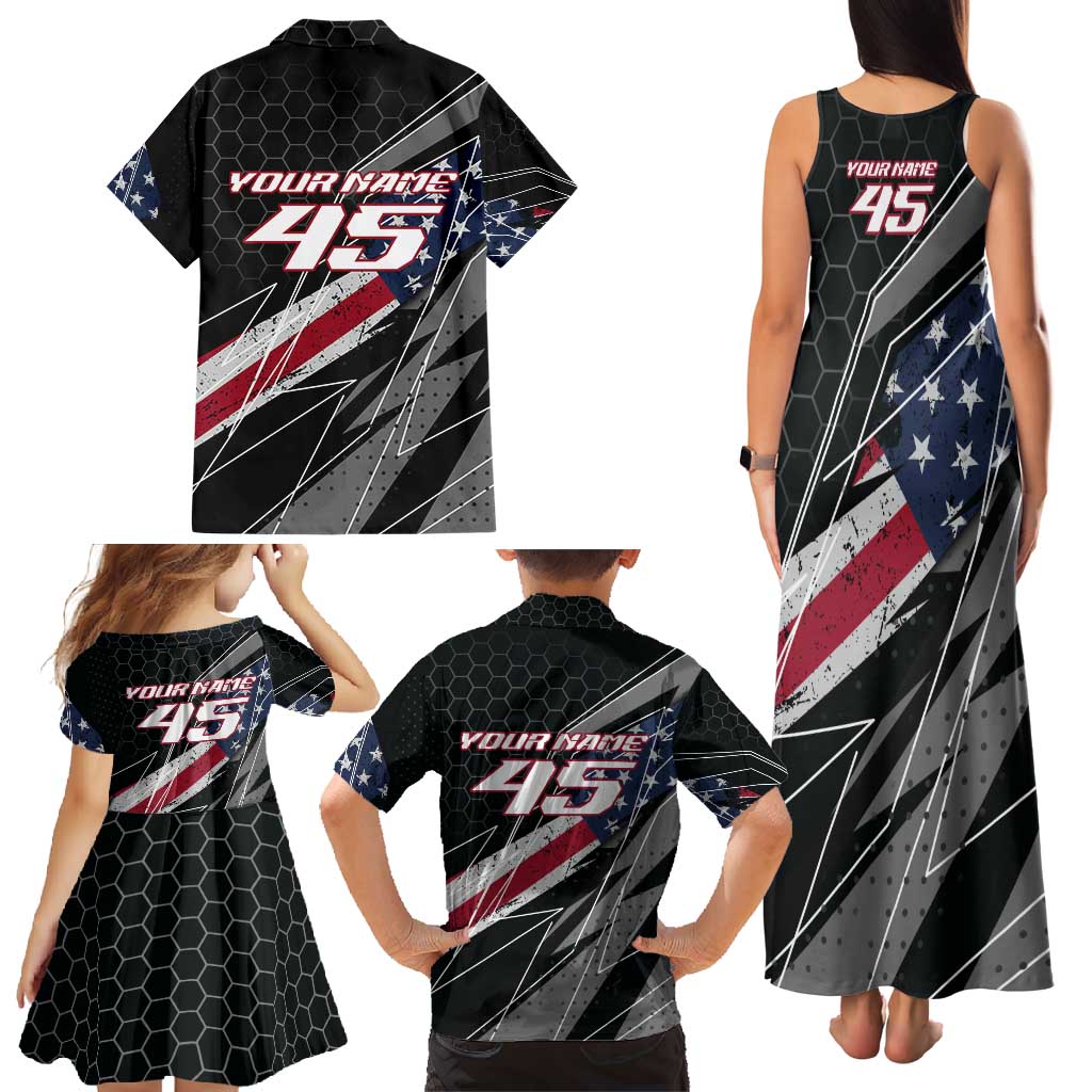 Custom Bike Shirt Racing Motocross Family Matching Tank Maxi Dress and Hawaiian Shirt American Flag and Black Hexagon Lightning Graphic Design - Wonder Print Shop