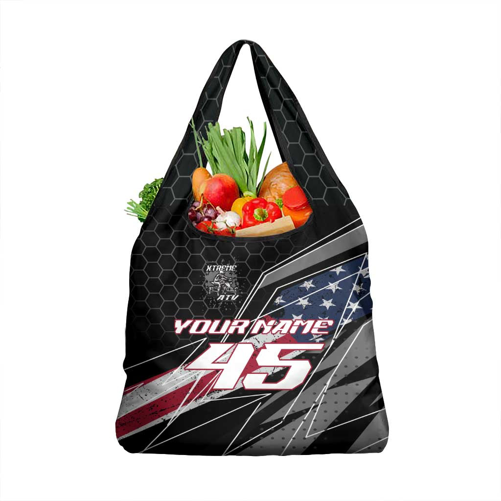 Custom Bike Shirt Racing Motocross Grocery Bag American Flag and Black Hexagon Lightning Graphic Design - Wonder Print Shop