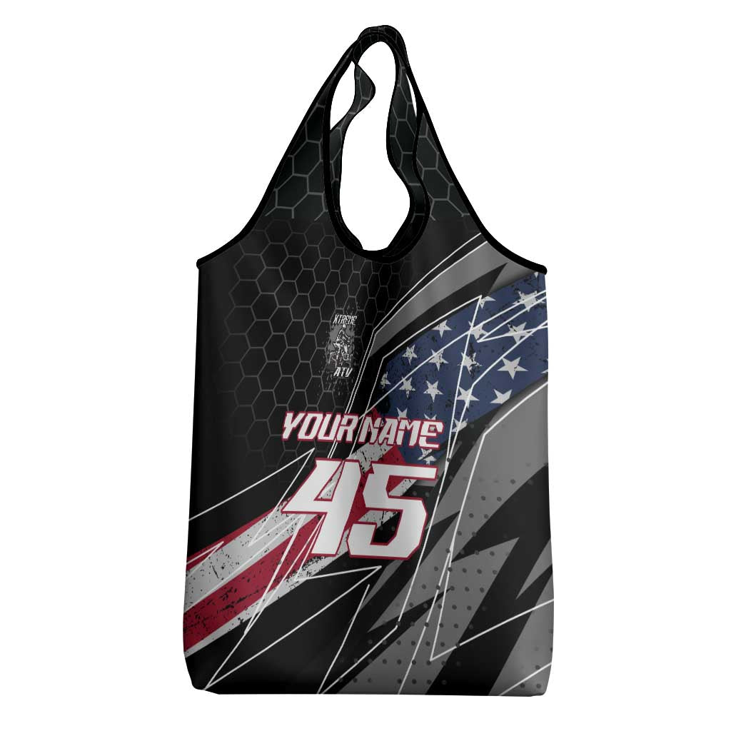Custom Bike Shirt Racing Motocross Grocery Bag American Flag and Black Hexagon Lightning Graphic Design - Wonder Print Shop