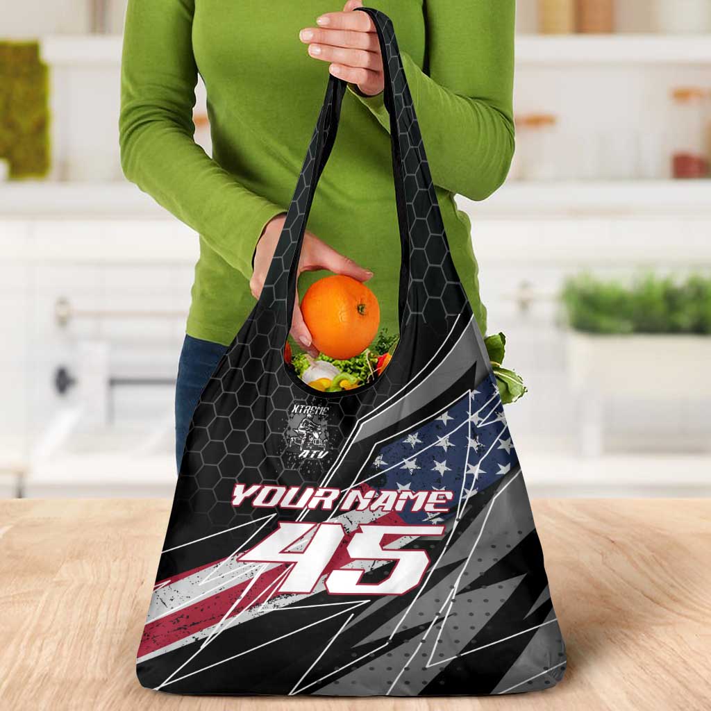 Custom Bike Shirt Racing Motocross Grocery Bag American Flag and Black Hexagon Lightning Graphic Design - Wonder Print Shop