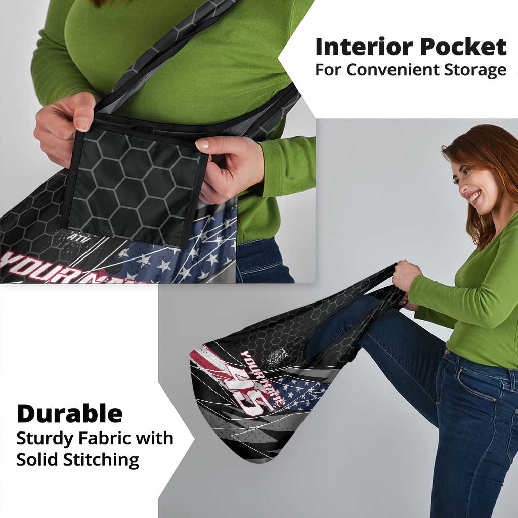 Custom Bike Shirt Racing Motocross Grocery Bag American Flag and Black Hexagon Lightning Graphic Design - Wonder Print Shop