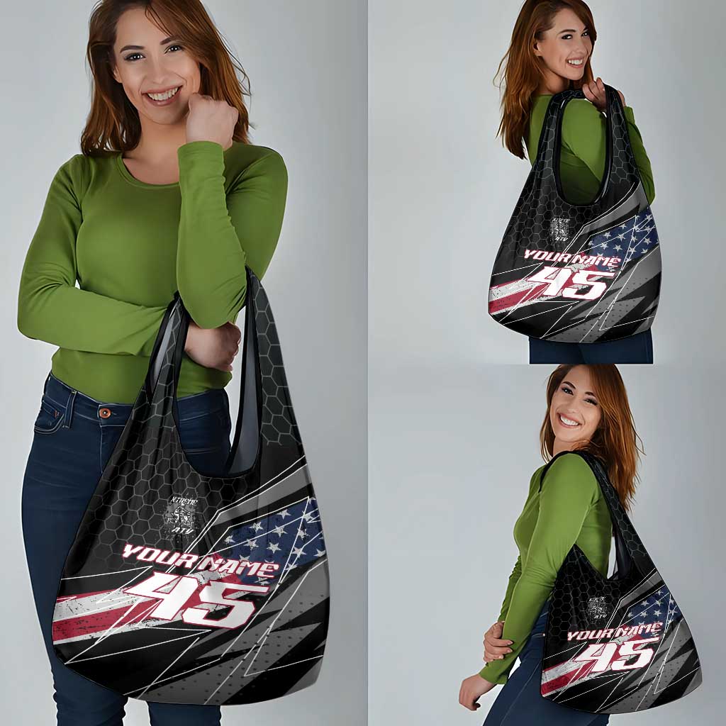 Custom Bike Shirt Racing Motocross Grocery Bag American Flag and Black Hexagon Lightning Graphic Design - Wonder Print Shop