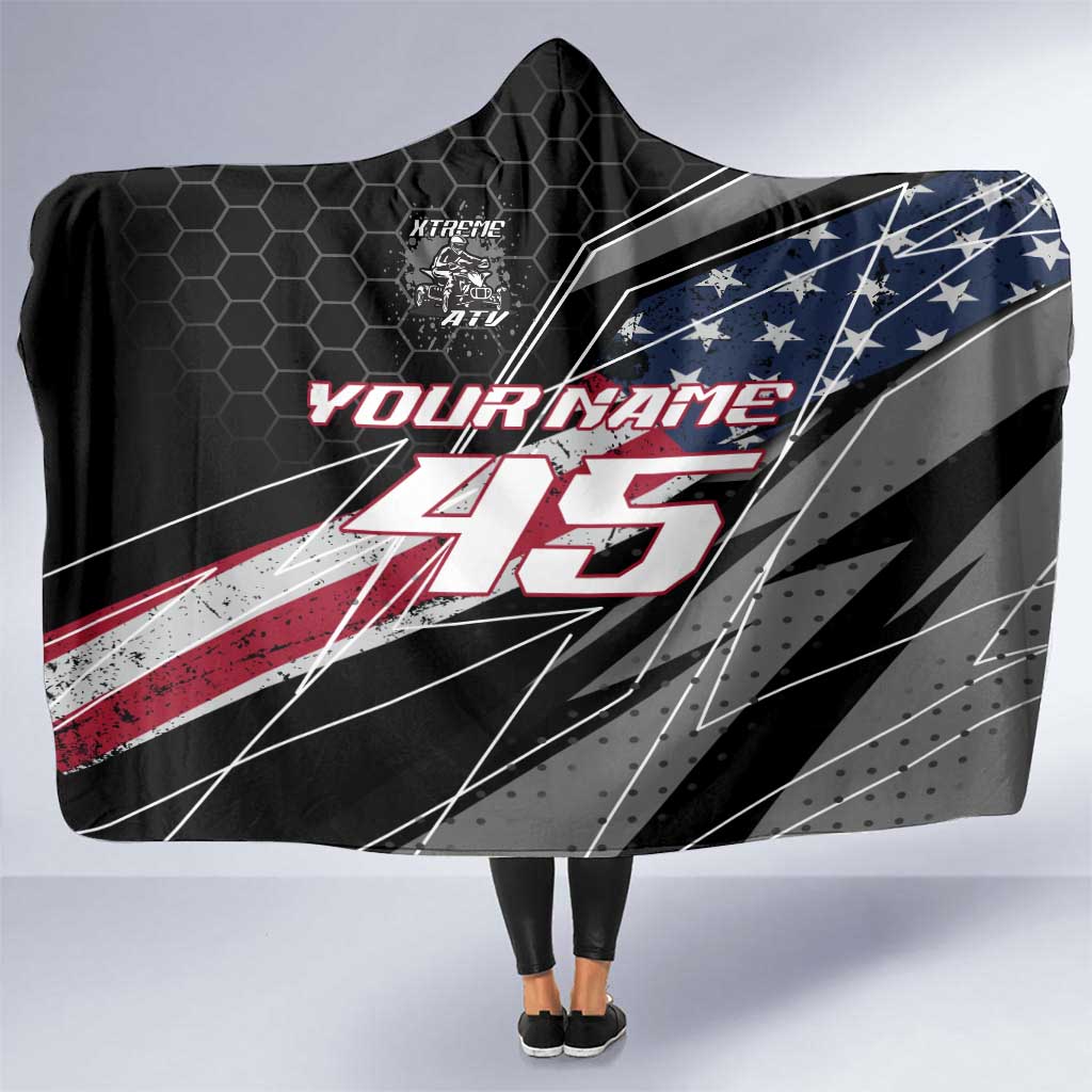 Custom Bike Shirt Racing Motocross Hooded Blanket American Flag and Black Hexagon Lightning Graphic Design - Wonder Print Shop