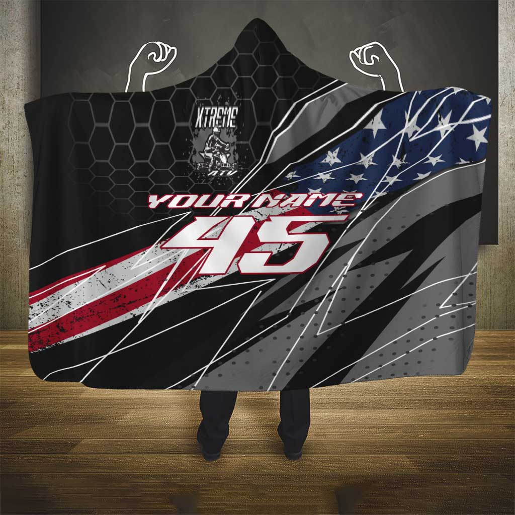 Custom Bike Shirt Racing Motocross Hooded Blanket American Flag and Black Hexagon Lightning Graphic Design - Wonder Print Shop