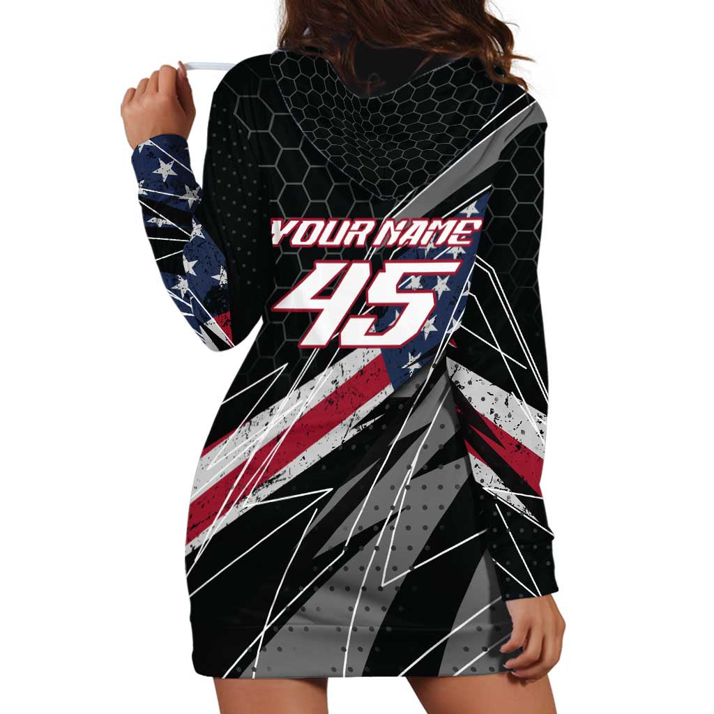Custom Bike Shirt Racing Motocross Hoodie Dress American Flag and Black Hexagon Lightning Graphic Design - Wonder Print Shop