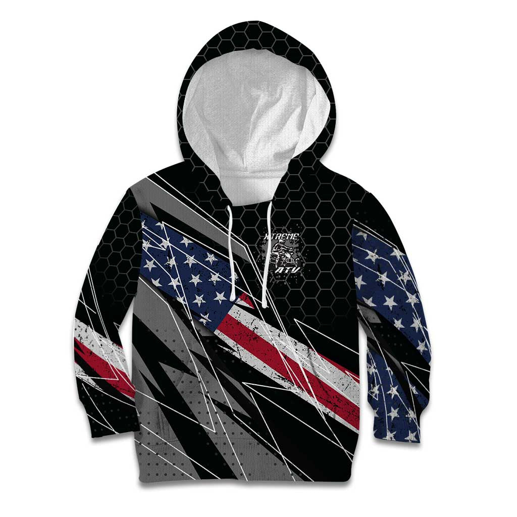 Custom Bike Shirt Racing Motocross Kid Hoodie American Flag and Black Hexagon Lightning Graphic Design - Wonder Print Shop