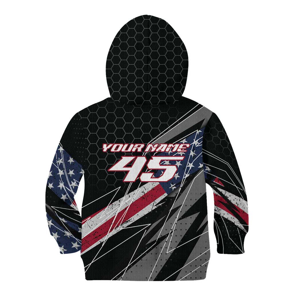 Custom Bike Shirt Racing Motocross Kid Hoodie American Flag and Black Hexagon Lightning Graphic Design - Wonder Print Shop