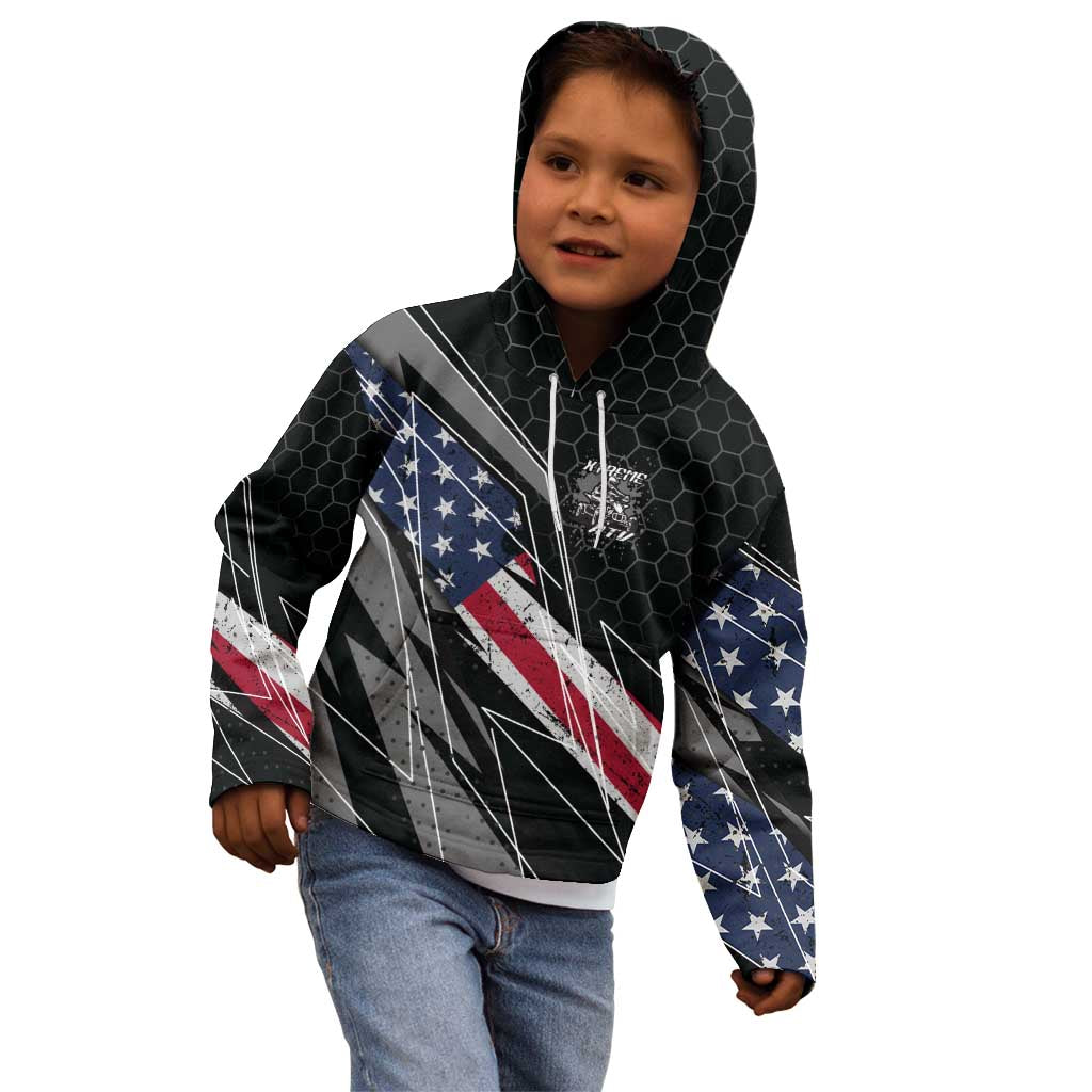 Custom Bike Shirt Racing Motocross Kid Hoodie American Flag and Black Hexagon Lightning Graphic Design - Wonder Print Shop