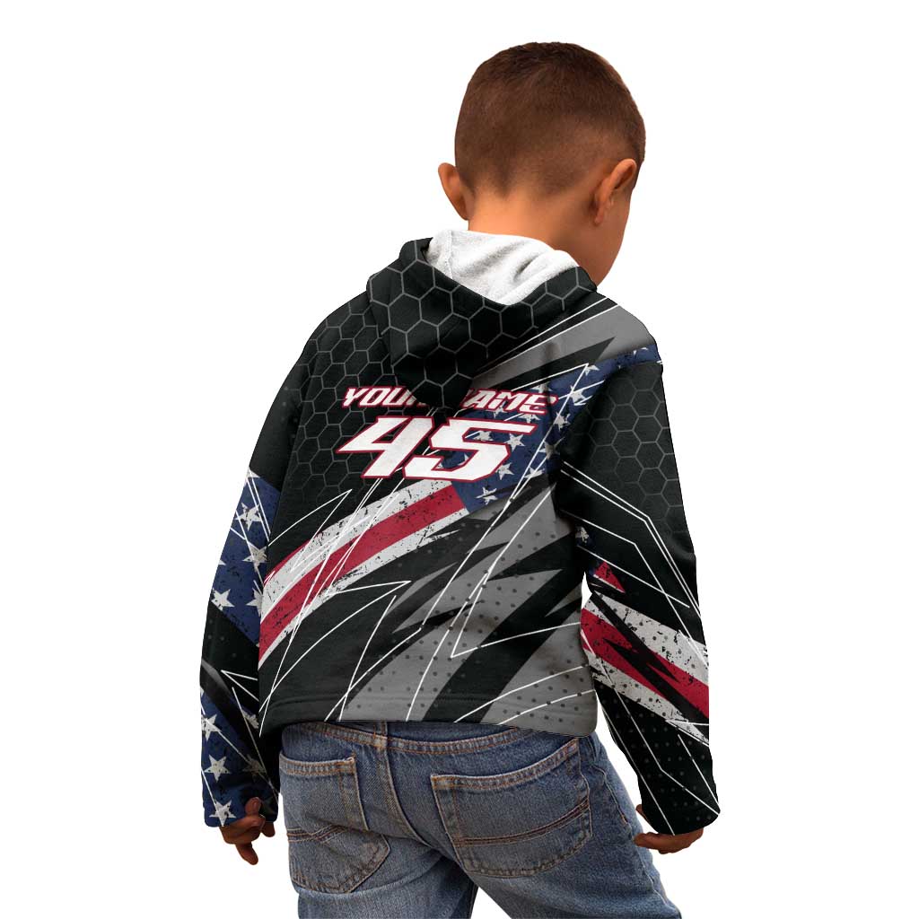Custom Bike Shirt Racing Motocross Kid Hoodie American Flag and Black Hexagon Lightning Graphic Design - Wonder Print Shop