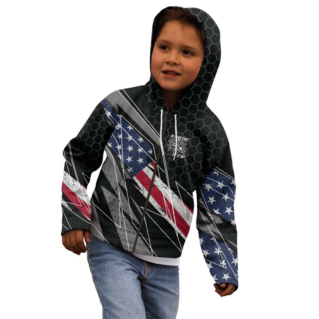 Custom Bike Shirt Racing Motocross Kid Hoodie American Flag and Black Hexagon Lightning Graphic Design - Wonder Print Shop