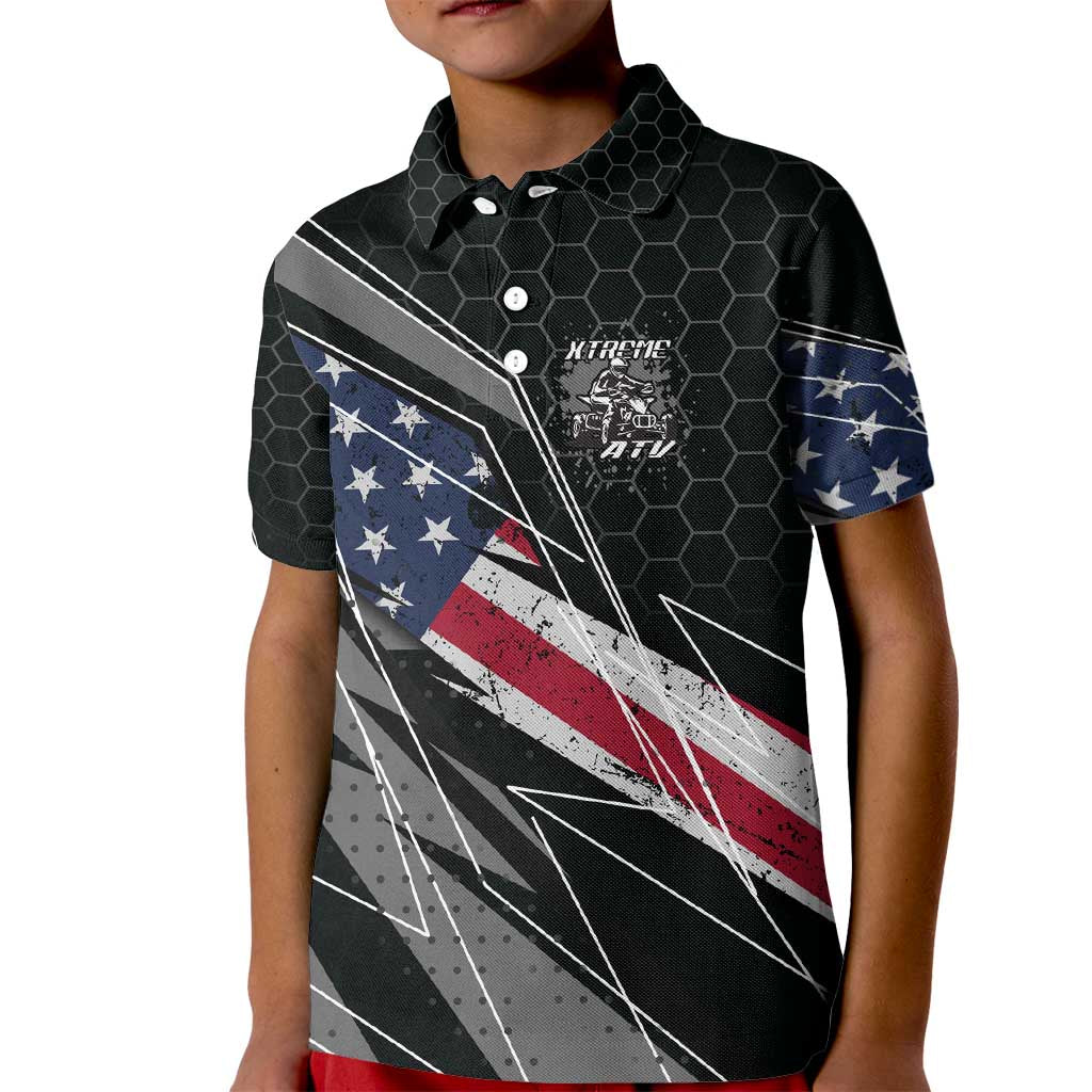 Custom Bike Shirt Racing Motocross Kid Polo Shirt American Flag and Black Hexagon Lightning Graphic Design - Wonder Print Shop