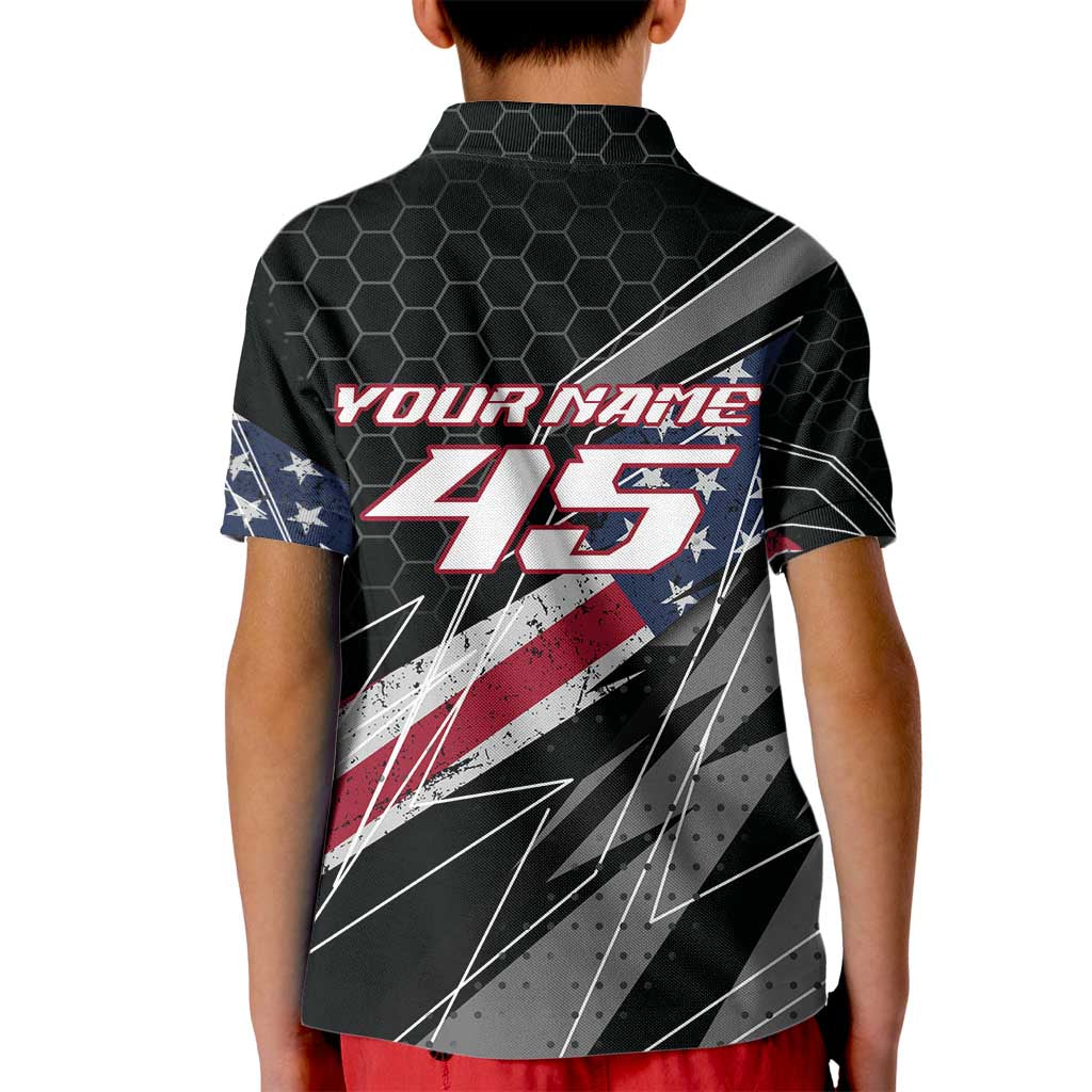 Custom Bike Shirt Racing Motocross Kid Polo Shirt American Flag and Black Hexagon Lightning Graphic Design - Wonder Print Shop