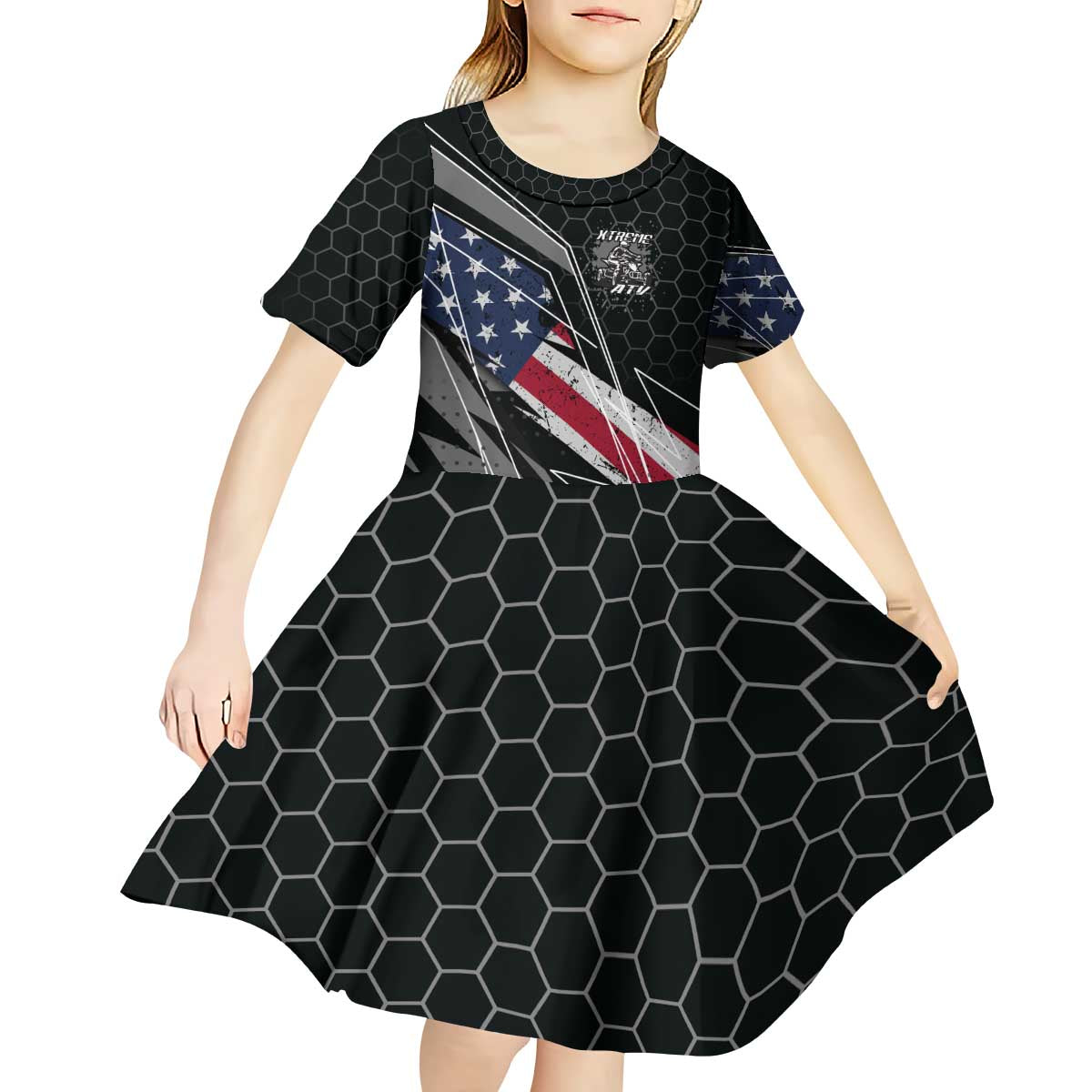 Custom Bike Shirt Racing Motocross Kid Short Sleeve Dress American Flag and Black Hexagon Lightning Graphic Design - Wonder Print Shop